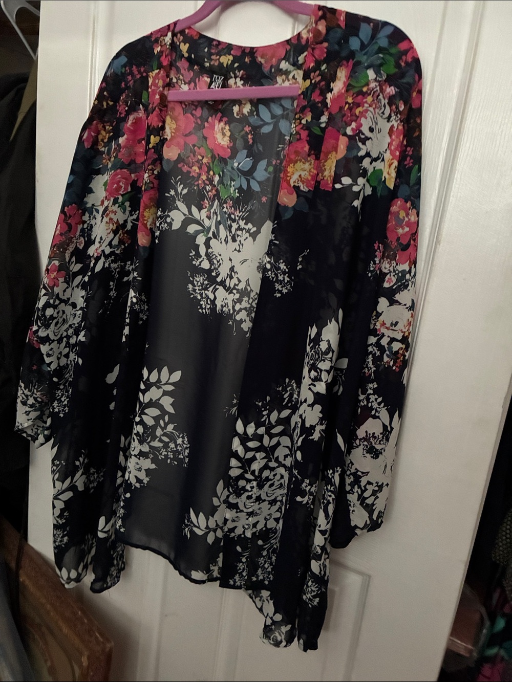 Roz & Ali Black Sheer Floral Kimono with Pink and Green Accents